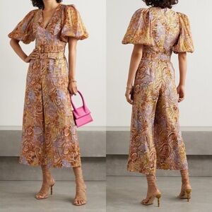 Zimmermann Brown Concert Belted Paisley-print Linen And Ramie Jumpsuit Size AU 1